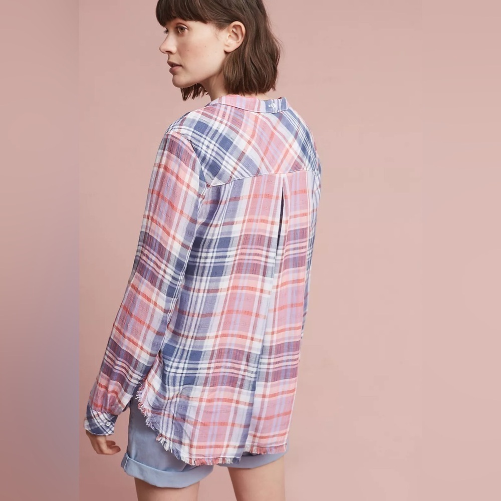 Anthropologie Cloth & Stone Western Frayed Plaid Buttondown Red and Blue Small - Picture 2 of 13